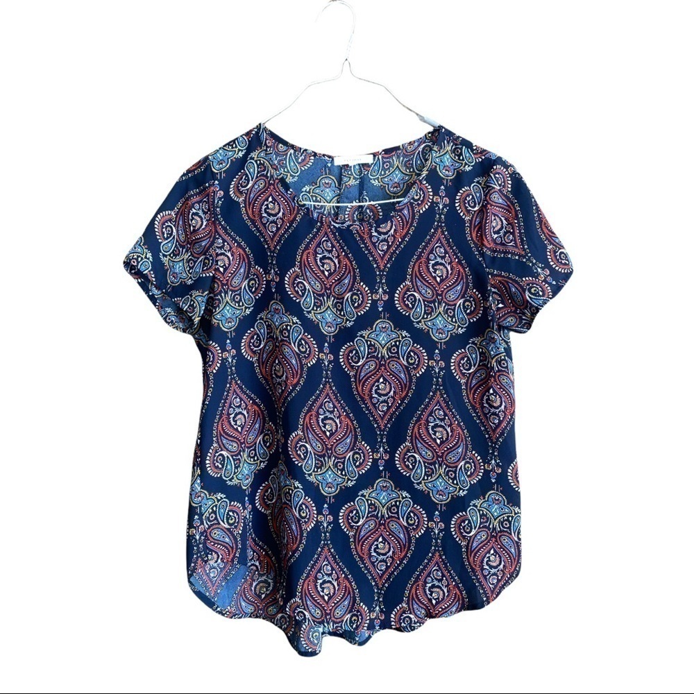 Women’s Pleione XSP, pull over short sleeve blouse. Dark blue and maroon Shirt - Picture 4 of 4